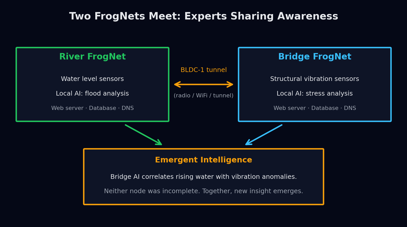 Two FrogNets meet: River node with water level sensors and Bridge node with vibration sensors connect via BLDC-1 tunnel, producing emergent intelligence.